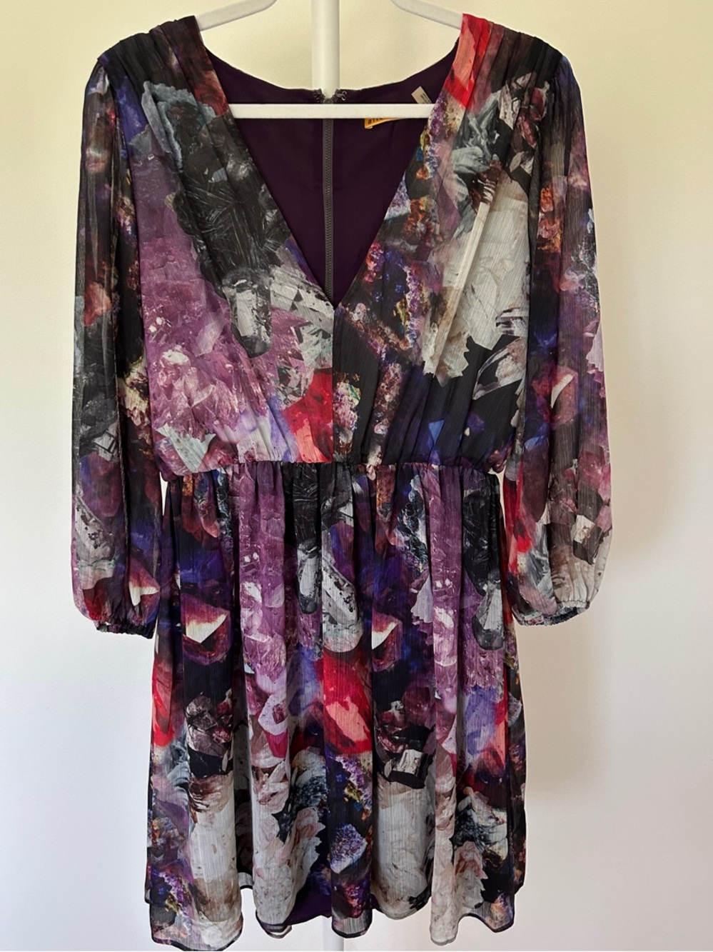 Floral Abstract V-Neck Long Sleeve Dress in Purple